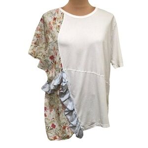 Clu Floral Panel T-Shirt Size Large White Mixed Media Ruffle Floral Striped